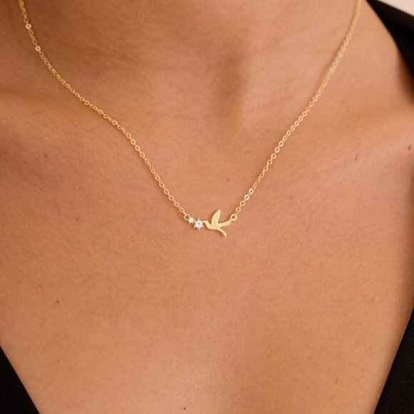 Gold Bird Pendant Necklace with Crystal for Women Minimalist Dainty Jewelry Gift - Picture 3 of 8